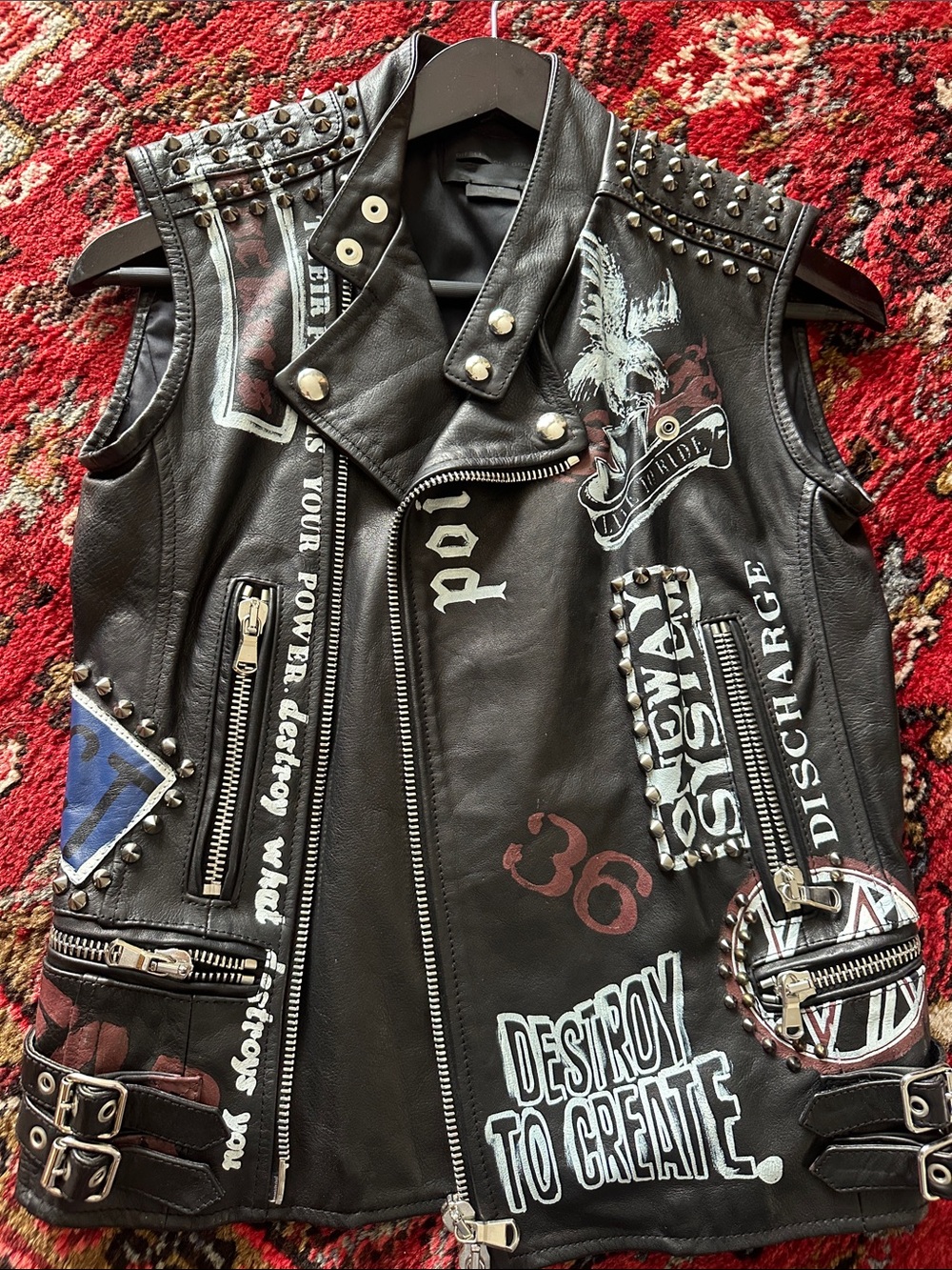 Diesel Black Gold Black Label Made in Italy Studded Biker Graffiti Leather Vest